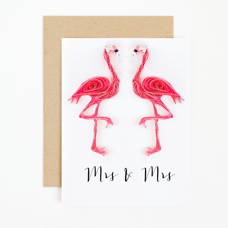 Lesbian Couple Card Lesbian Wedding Card Mrs and Mrs Lesbian Shower Gift Pink Flamingo Lesbian Pride Gift lgbt Gay Wedding Card image 1