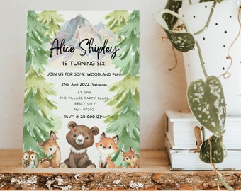 Forest Birthday Invitation |  Woodland Birthday Party | Wild Animals Birthday Invite | Cute baby animals Editable 1st Birthday invite