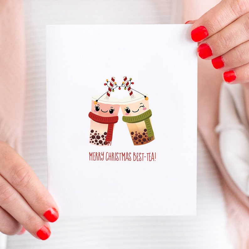 Asian Christmas Card, Cute Card for boba tea lovers, Funny Kawaii Holiday Card, Bubble tea Christmas Card, Card for bestie, best friend image 1