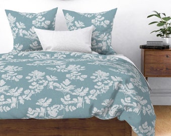100% Italian Cotton Sateen Botanical Leaf Print Duvet and Pillow Shams | Minimalist, Boho Farmhouse Bedding | Light Blue and White Bedding