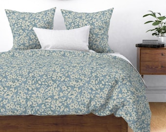 100% Italian Cotton Sateen Floral Duvet and Pillow Shams | Minimalist, Boho Farmhouse Bedding | Light Blue and Cream Bedding Set