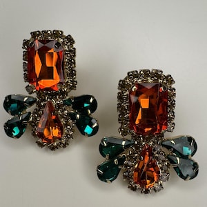 Life of a Showgirl Statement Earrings | Orange Sapphire Gemstones with Turqoise Halo | Taylor-Inspired Jewelry
