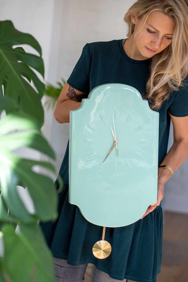 Large Wall Clock Light Green Wall Clock With Pendulum Etsy