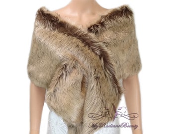 Faux Fur Stole, Golden Brown Faux Fur Shawl, Faux Fur Wrap, Bridal Fur Shrug, Fox Fur, Wedding Fur Wrap, Bridal Fur Scarf CR108-GOLDENBROWN