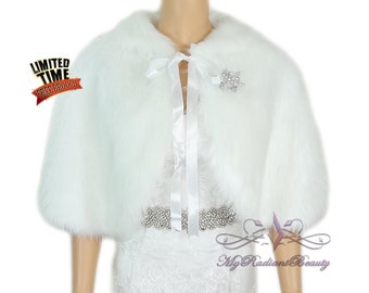 Faux Fur Stole, White Faux Fur Cape, Capelet, Faux Fur Shrug, Faux Fur Shawl, Wedding Shrug, Faux Fur Wrap, Fur Wrap, Bridal Cape FC108-WHI