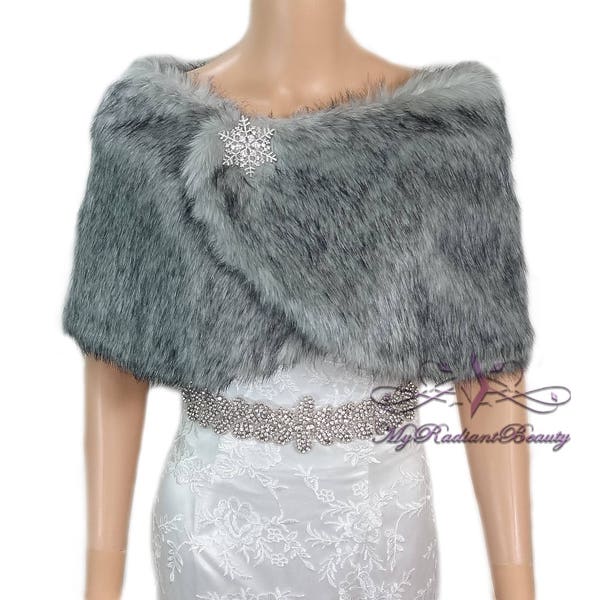 Faux Fur Wrap, Faux Fur stole, Grey Chinchilla Wrap, Fur Shawl, Fur Shrug, Bridal Cape, Bridal Stole, Faux Fox Wrap, FW108-GREYCHIN