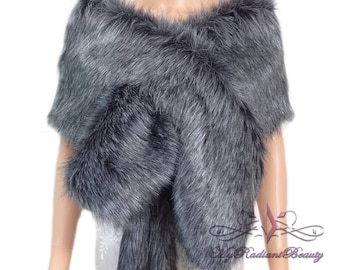 Faux Fur Shawl, Dark Grey Faux Fur Stole, Gray Faux Fur Wrap, Faux Fur Shrug, Faux Fur Scarf, Faux Fur, Wedding Fur Stole, CR108-D.GREY