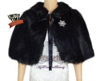 Faux Fur Stole, Black Faux Fur Cape, Capelet, Faux Fur Shrug, Faux Fur Shawl, Wedding Shrug, Faux Fur Wrap, Fur Wrap, Bridal Cape FC108-BLK