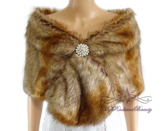 Faux Fur Stole, Vintage Brown Faux Fur Wrap, Fur Shrug, Wedding Fur, Bridal Fur Stole, Faux Fur Shawl, Wedding cape, Faux Fur FS108-VB