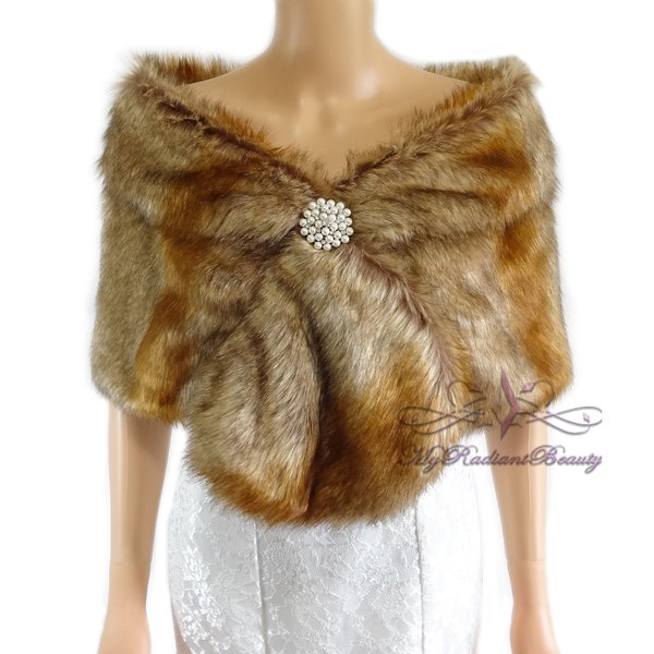 Faux Fur Stole, Vintage Brown Faux Fur Wrap, Fur Shrug, Wedding Fur, Bridal Fur Stole, Faux Fur Shawl, Wedding cape, Faux Fur FS108-VB