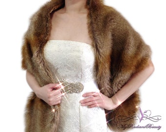 Faux Fur Stole, Vintage Brown Faux Fur Wrap, Faux Fur Shrug, Fur Stole, Fur Shawl, Bridal Fur Shrug, Bridal Fur Wrap LW108-V.BROWN