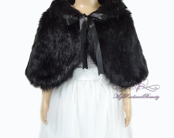 Faux Fur Cape, Bridal Shawl, Flower Girl Black Cape, Kid Cape, Kid Wrap, Wedding Shrug, Kid Fur Stole, Fur Wrap, Bridal Stole KFC108-BLK