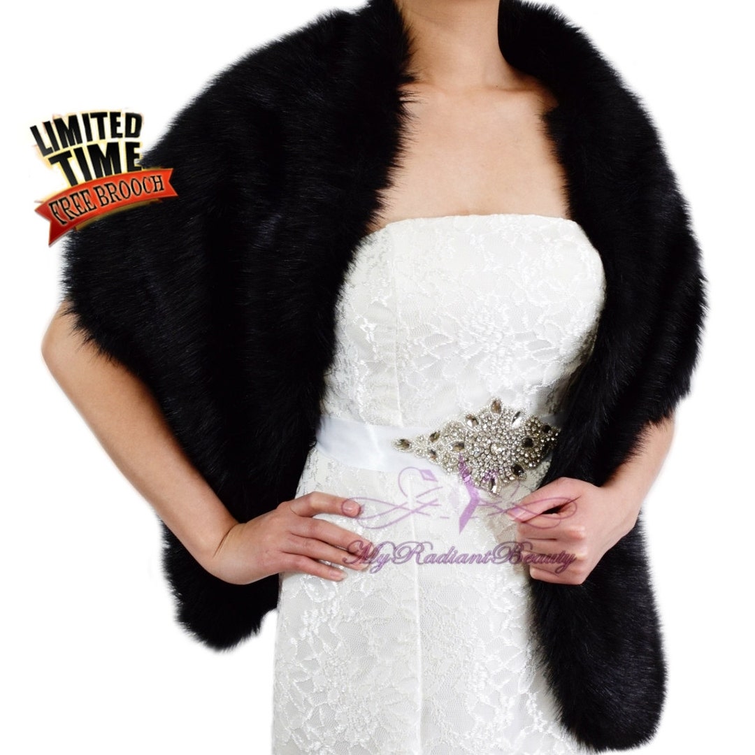 Faux Fur Wrap, Faux Fur Shawl, Black Faux Fur Stole, Fur Shrug, Wedding