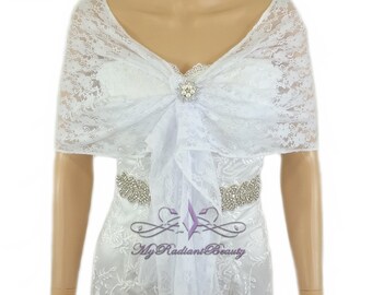 Bridal Lace Wrap Stole, White Lace Shawl, Bridal Silk Lace Wrap Shrug, Lace Scarf, Lace Wrap, Evening Wrap, MyRadiantBeauty LAW108-WHI