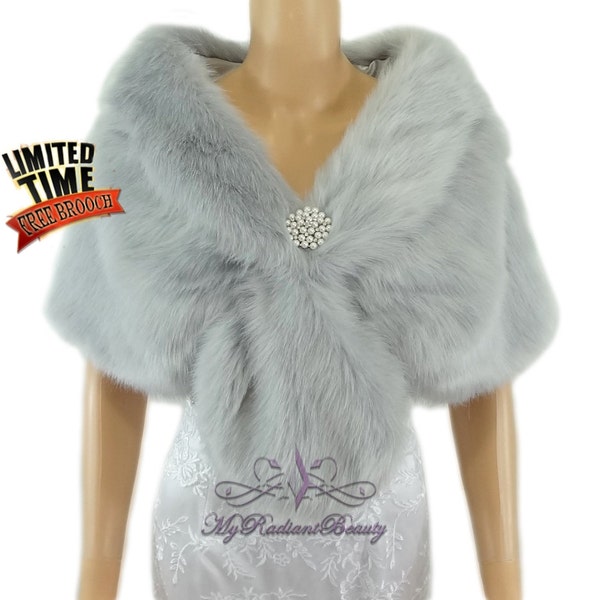 Faux Fur Stole, Silver Faux Fur Wrap, Fur Shrug, Wedding Fur, Bridal Fur Stole, Faux Fur Shawl, Wedding cape, Faux Fur, Fur StoleFS108-SIL