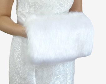 White Faux Fur Hand Muff, White Wedding Hand Warmer, HandMuff For Wedding Stole and  Faux Fur Wrap, Bridal Stole HM108-WHI