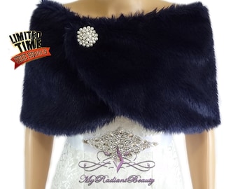Wedding Fur Shrug, Navy Blue Fur Cape, Faux Fur Wrap, Bridal Shawl, Wedding Stole, Bridal Wrap, Fur Stole, Fur Wrap FW108-NBLUE