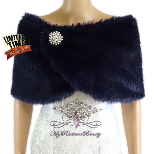 Wedding Fur Shrug, Navy Blue Fur Cape, Faux Fur Wrap, Bridal Shawl, Wedding Stole, Bridal Wrap, Fur Stole, Fur Wrap FW108-NBLUE