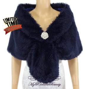 Faux Fur Stole, Navy Blue Faux Fur Wrap, Bridal Shrug, Fur Shawl, Faux Fur Shrug, Wedding Stole, Bridal Fur Wrap, Bridal Stole FS108-NBLUE image 1