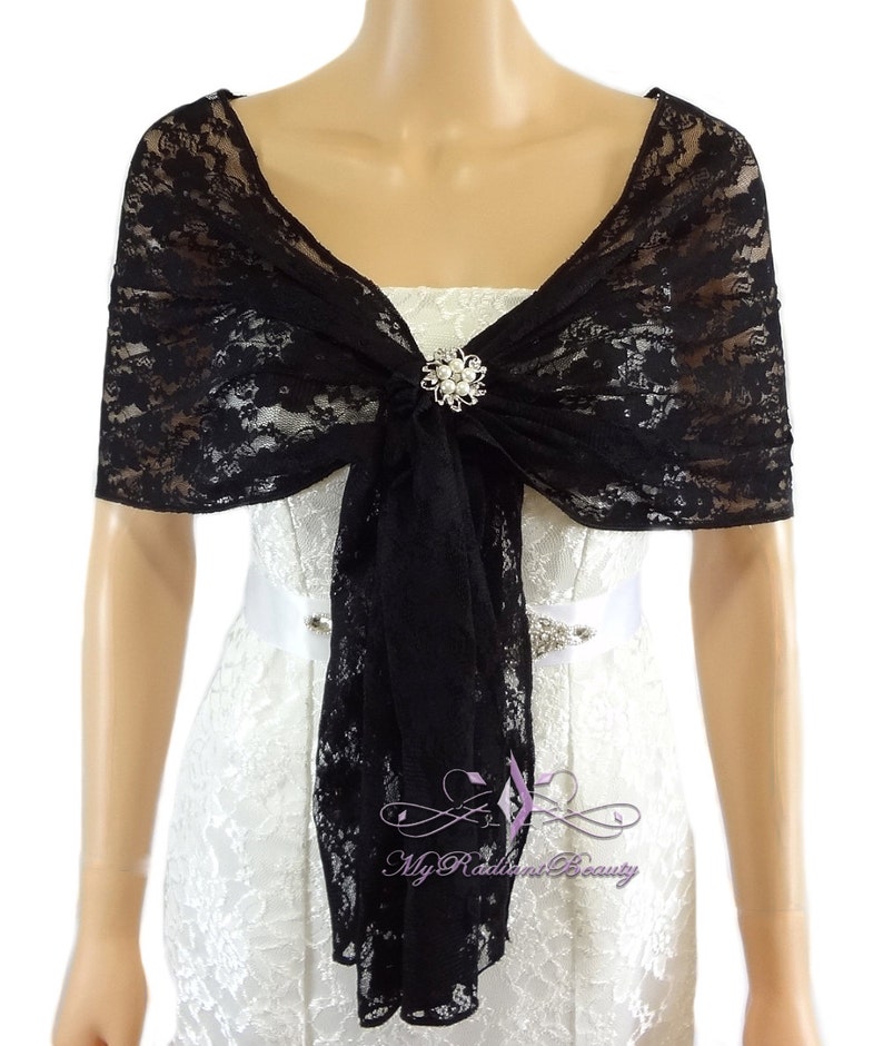 Bridal Lace Wrap Stole, Black Lace Shawl, Bridal Silk Lace Wrap Shrug, Faux Fur Wrap, Elastic Lace Wrap, Lace Wrap, Evening Wrap LAW108-BLK image 1