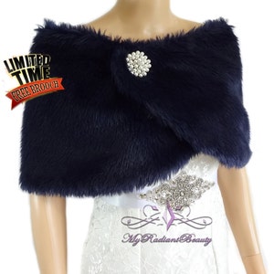 Bridal Faux Fur Wrap, Navy Blue Fur Stole, Wedding Fur Shrug, Fur, Bridal Fur Wrap, Bridal Stole, Faux Fur Stole FW108-NBLUE