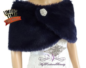 Bridal Faux Fur Wrap, Navy Blue Fur Stole, Wedding Fur Shrug, Fur, Bridal Fur Wrap, Bridal Stole, Faux Fur Stole FW108-NBLUE