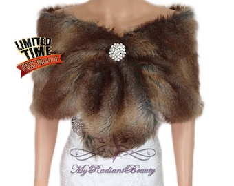 Faux Fur Stole, Vintage Brown Faux Fur Wrap, Fur Shrug, Wedding Fur, Bridal Fur Stole, Faux Fur Shawl, Wedding cape, Faux Fur FS108-VB