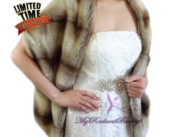 Faux Fur Wrap, Bridal Brown Chinchilla Faux Fur Long Wrap, Mink Fur Shrug, Faux Fur Stole, Faux Fur Shawl, Bridal Stole 62" LW108-BROWNCHIN