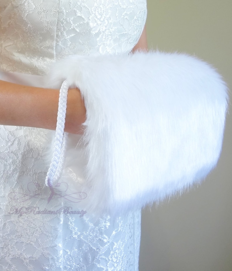 White Faux Fur Hand Muff, White Wedding Hand Warmer, HandMuff For Wedding Stole and Faux Fur Wrap, Bridal Stole HM108-WHI image 2
