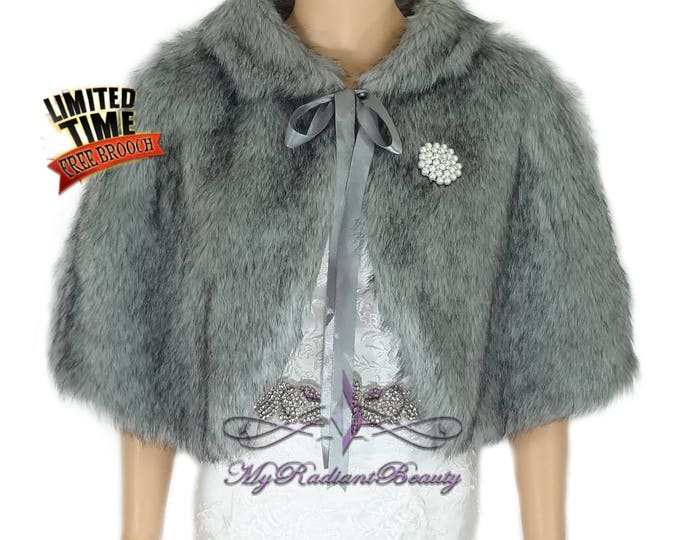 Faux Fur Cape - Grey