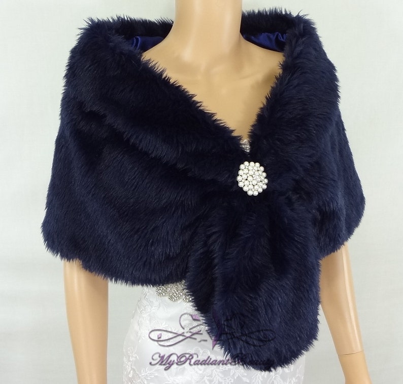 Faux Fur Stole, Navy Blue Faux Fur Wrap, Bridal Shrug, Fur Shawl, Faux Fur Shrug, Wedding Stole, Bridal Fur Wrap, Bridal Stole FS108-NBLUE image 2