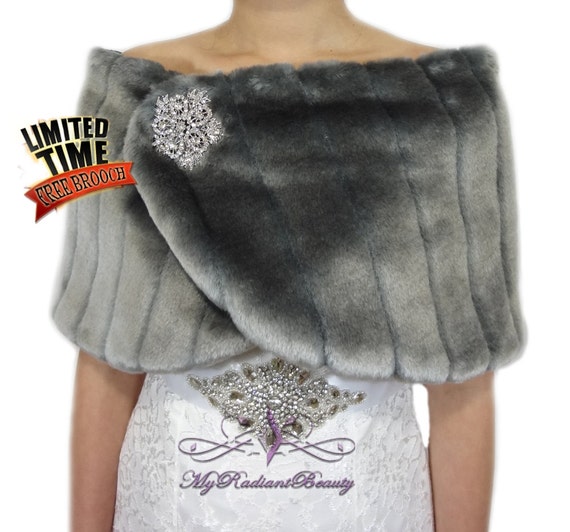 Faux Fur Wrap, Wedding Fur Wrap, Gray Faux Fur Mink Shawl, Fur Shawl, Fur Shrug, Wedding Stole, Faux Fur Stole, Bridal Fur Wrap, MW108-GRAY