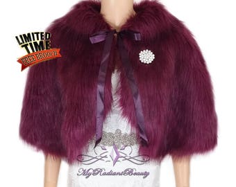 Faux Fur Wrap, Plum Faux Fur Cape, Burgundy Wrap, Wine Faux Fur Stole, Faux Fur Shawl, Faux Fur Shrug, Fox Fur, Bridal Fur Wrap FC108-PLUM