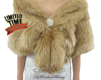 Faux Fur Wrap, Faux Fur Stole, Vintage Brown Chinchilla Bridal Fur Shrug , Wedding Fur, Bridal Fur Stole, Fur Shrug, Fur Shawl, FS108-VBN
