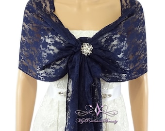 Bridal Lace Wrap, Navy Blue Lace Shawl, Bridal Lace Shrug, Shawl, Faux Fur Wrap, Elastic Lace Wrap, Wedding Shrug, Evening Wrap LAW108-NBLUE