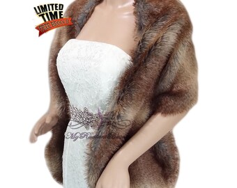 Faux Fur Stole, Vintage Brown Faux Fur Wrap, Faux Fur Shrug, Fur Stole, Fur Shawl, Bridal Fur Shrug, Bridal Fur Wrap LW108-V.BROWN
