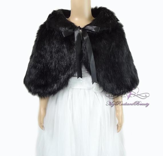 Faux Fur Cape, Bridal Shawl, Flower Girl Black Cape, Kid Cape, Kid Wrap,  Wedding Shrug, Kid Fur Stole, Fur Wrap, Bridal Stole KFC108-BLK