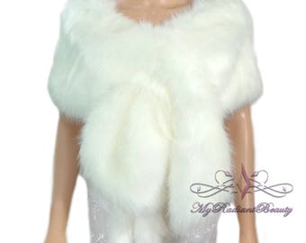 Faux Fur Stole, Ivory Faux Fur Shawl, Faux Fur Wrap, Bridal Fur Shrug, Fox Fur, Wedding Fur Wrap, Bridal Fur Scarf CR108-IVY