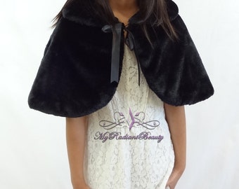 Faux Fur Mink Cape, Bridal Shawl, Flower Girl Black Cape, Kid Cape, Kid Wrap, Wedding Shrug, Kid Fur Stole, Fur Wrap, Bridal Stole KC108-BLK