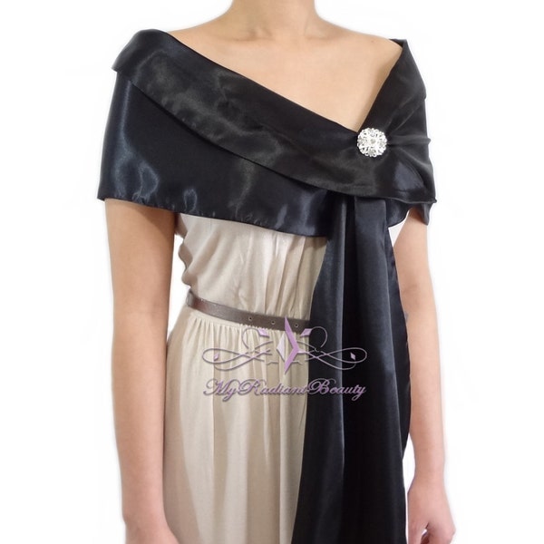 Wedding Shrug, Black Silk Satin Stole, Silk Prom Scarf, Bridal Shawl, Faux Fur Wrap, Satin Wrap, Silk Satin Shawl, Evening Wrap SW108-BLK