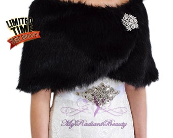 Faux Fur Wrap, Black Fur Stole, Bridal Cape, Faux Fur Stole, Wedding Stole, Fur Shrug, Fur Shawl, Bridal Wrap, Bridal Stole FW108-BLK