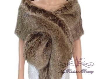 Vintage Brown Faux Fur Shawl, Faux Fur Stole, Faux Fur Wrap, Faux Fur Shrug, Faux Fur Scarf, Faux Fur, Wedding Fur Stole, CR108-VB