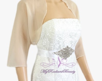 Champagne Chiffon Bolero Jacket, Wedding Shrug with Pom Pom Trim