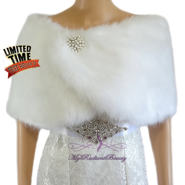 Faux Fur Wrap, Fur Cape, Fur Shawl, Bridal Fur Shrug, Wedding Fur Stole, Bridal Shawl, Bridal Stole, Faux Fur Stole FW108-WHI