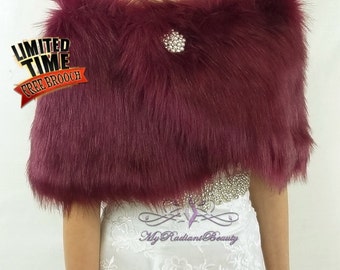 Faux Fur Wrap, Bridal Fur Cape, Bridal Plum Faux Fur Shawl, Wedding Wrap Stole, Wedding Purple Stole, Faux Fur Shrug, Bridal Shawl FW108-PL