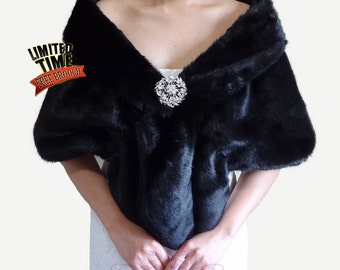 Faux Fur Stole, Black Bridal Shrug, Faux Fur Wrap, Shrug, Bridal Fur, Fur Shawl, Wedding Fur Shrug, Bridal Wrap, Bridal Shawl, FS108-BLKs