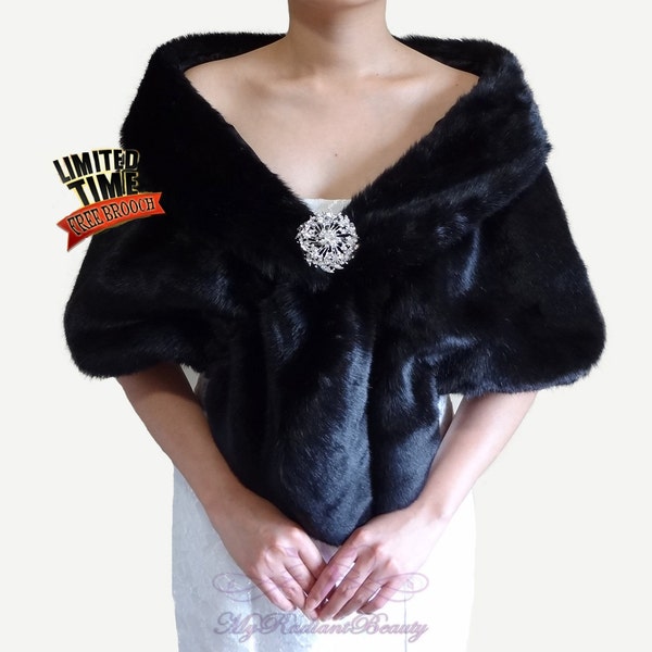 Faux Fur Stole, Black Bridal Shrug, Faux Fur Wrap, Shrug, Bridal Fur, Fur Shawl, Wedding Fur Shrug, Bridal Wrap, Bridal Shawl, FS108-BLKs