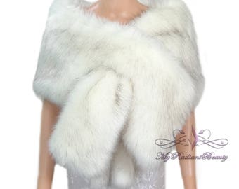 Faux Fur Shawl, Ivory Black Tips Faux Fur Stole, Faux Fur Wrap, Faux Fur Shrug, Faux Fur Scarf, Faux Fur, Wedding Fur Stole, CR108-IVYBKTP