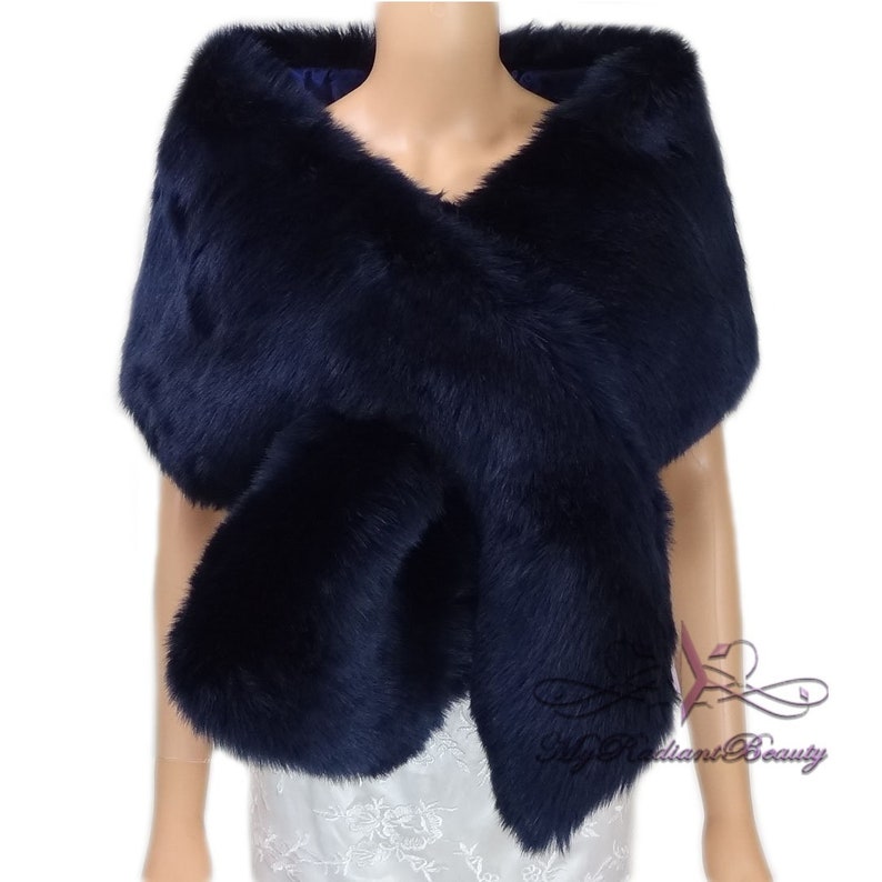 Faux Fur Stole, Navy Blue Faux Fur Shawl, Faux Fur Wrap, Fur Stole, Bridal Fur Shrug, Fox Fur, Wedding Fur Wrap, Fur Scarf CR108-NBLUE image 1