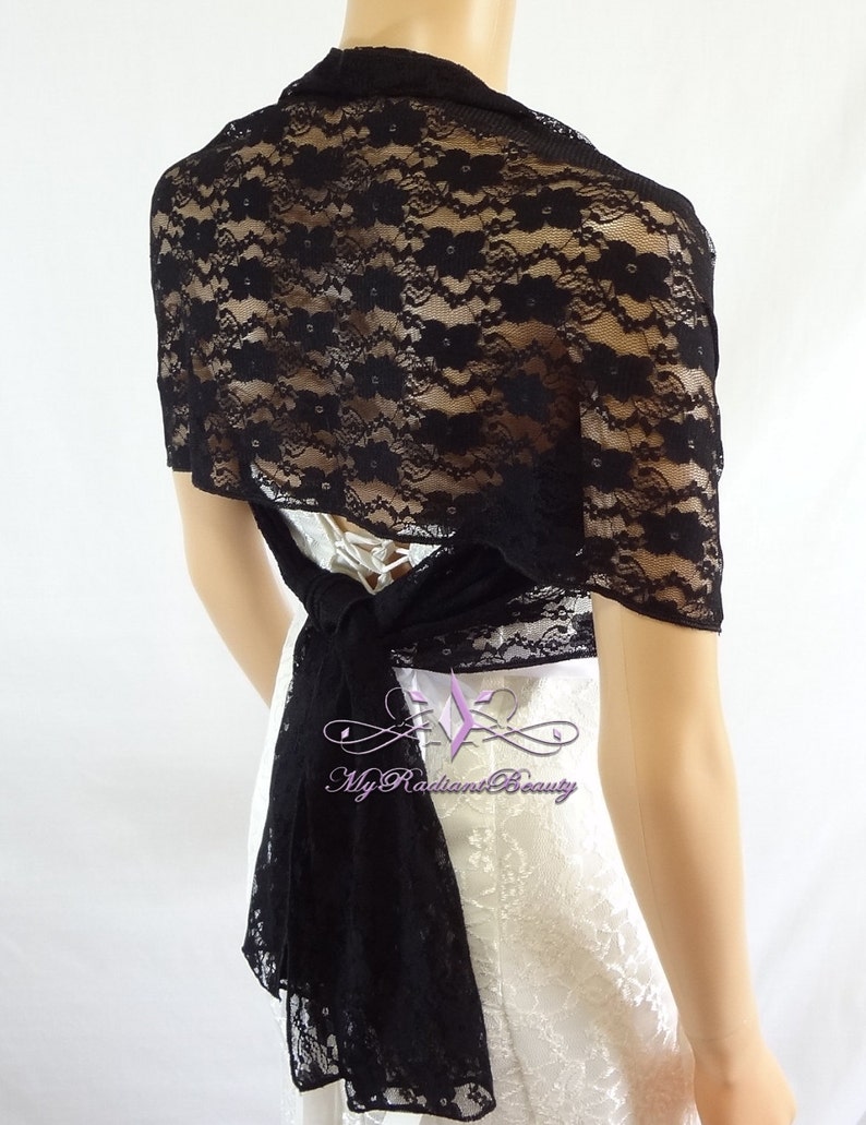 Bridal Lace Wrap Stole, Black Lace Shawl, Bridal Silk Lace Wrap Shrug, Faux Fur Wrap, Elastic Lace Wrap, Lace Wrap, Evening Wrap LAW108-BLK image 4